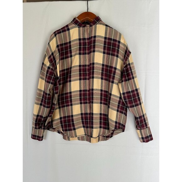 Vintage Classiques Entier 100% Silk Tan Burgundy Tartan Plaid Button Up Shirt XL - Picture 6 of 11